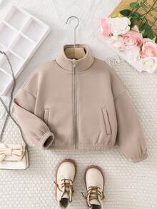 SHEIN Young Girl Zip-Up Drawstring Long Sleeve Warm Fleece Fashionable Casual Stand Collar Sweatshirt Jacket Khaki Zip Up In Fall/Winter Zip Up Top Khaki Top Sweatshirt Plain Color Zip Up Sweatshirt Chic Beige Cropped Sweatshirt Jacket With Full Zip And Stand Collar Ideal For Casual Fall Spring - Khaki - View 10