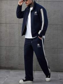 SLATEMANN Mature Casual, Webbing, Letter Print Navy Blue Men's Jacket Set Men S Jogging Set Men S Track Suit Men 2 Piece Set Men S Sweat Suit Set Men 2 Piece Set Big An Tall