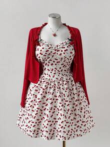 Sweetra 大码女装两件套：樱桃印花连衣裙，复古优雅设计，搭配时尚荷叶边领长袖外套，适合日常穿着、返校季、春季、夏季、秋季、假期、热带风情、优雅、度假、可爱、派对、飘逸、下午茶、早午餐等多种场合，散发优雅的女性魅力。 - 彩色 - 查看 1