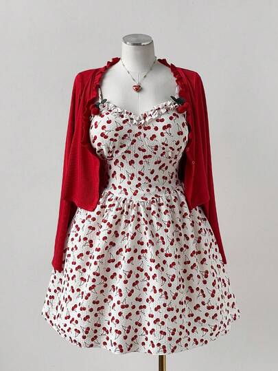 Sweetra 大码女装两件套：樱桃印花连衣裙，复古优雅设计，搭配时尚荷叶边领长袖外套，适合日常穿着、返校季、春季、夏季、秋季、假期、热带风情、优雅、度假、可爱、派对、飘逸、下午茶、早午餐等多种场合，散发优雅的女性魅力。