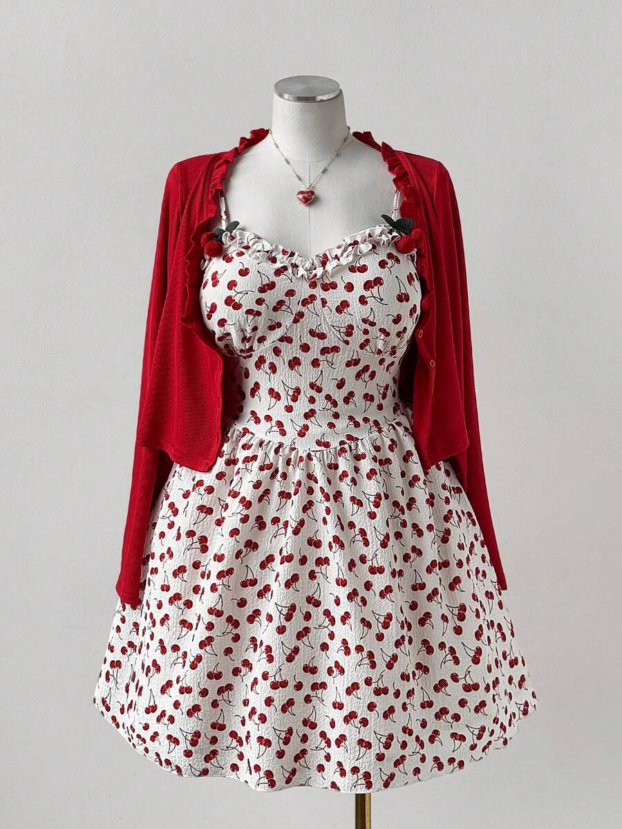 Sweetra 大码女装两件套：樱桃印花连衣裙，复古优雅设计，搭配时尚荷叶边领长袖外套，适合日常穿着、返校季、春季、夏季、秋季、假期、热带风情、优雅、度假、可爱、派对、飘逸、下午茶、早午餐等多种场合，散发优雅的女性魅力。 - 彩色 - 查看 1