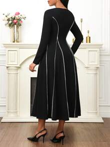 SHEIN Lady Women's Elegant Party Seam Pleated Mid-Length Dress - Black - View 7
