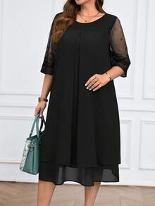 Miaspire 加大码蕾丝拼布圆领简约休闲优雅连衣裙女夏装朴素连衣裙婚礼宾客礼服女式蕾丝雪纺 - 黑色 - 查看 5