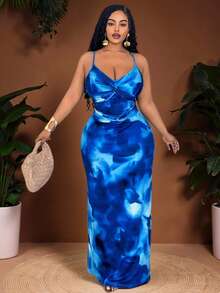 Veslaya Đầm bodycon xẻ tà dự tiệc in họa tiết xoắn thanh lịch & lãng mạn cỡ lớn cho nữ - Màu xanh lam - Xem 1