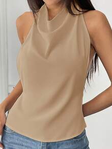 Flirla Áo ba lỗ hở lưng cổ yếm màu trơn tối giản dành cho nữ, mùa hè - Màu Khaki - Xem 6