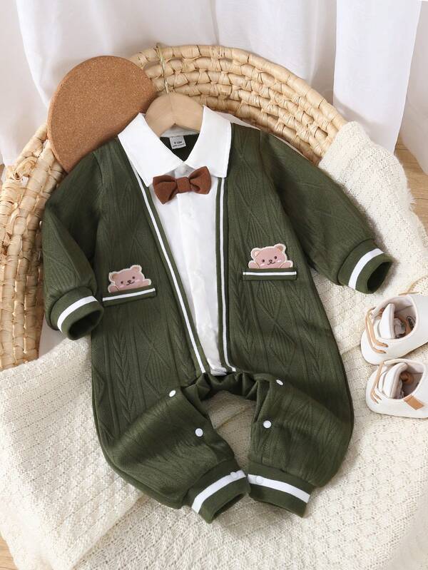 SHEIN Baby Boy Gentleman Style 2 In 1 Full Sleeve Romper,Cute Bow Tie Jumpsuit Outfit In Shades Of Green For Autumn Birthday,Classic Suit New Collection