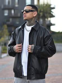 Devon Thys 男士休闲宽松商务皮夹克，适合秋季，垃圾摇滚风格 - 黑色 - 查看 1