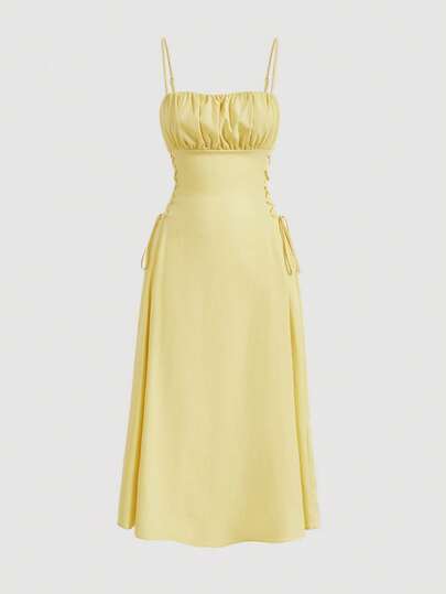 SHEIN MOD Vestido largo amarillo formal con busto fruncido y cordones laterales, vestidos pastel para mujeres