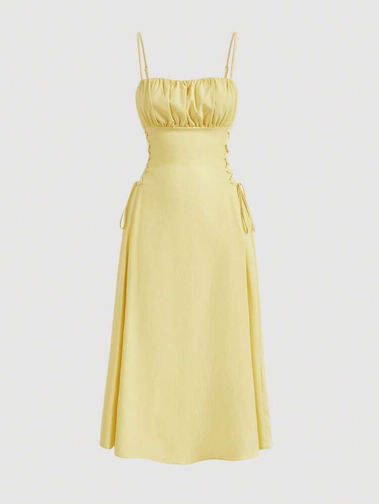 SHEIN MOD Solid Ruched Bust Lace Up Side Formal Cami Yellow Long Dress,Pastel Dresses For Women - Yellow - View 1