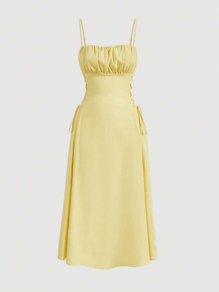 SHEIN MOD Solid Ruched Bust Lace Up Side Formal Cami Long Dress,Pastel Dresses For Women - Yellow - View 1