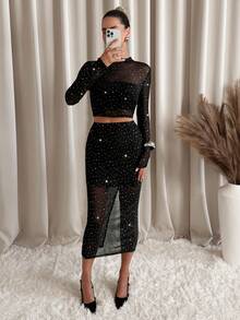 Lavishia Conjunto de 2 piezas de ropa de mujer con tela de rejilla y decoración de strass, versátil negro, adecuado para salidas de otoño/invierno - Negro - Ver 1