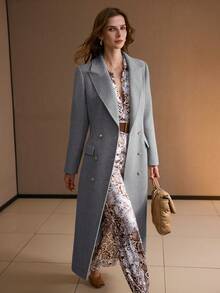 MOTF PREMIUM 女士双排扣尖领长款大衣，秋冬季 - 淺灰色 - 查看 3