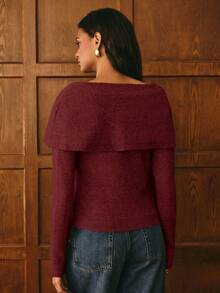 Poéselle 女士纯色长袖修身休闲针织开衫 - 酒紅色 - 查看 5