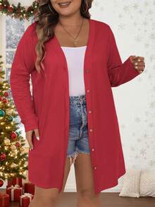 Vionelle 大码纯色前开襟长袖外套，适合新年穿着 - 紅色 - 查看 7