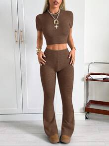 SHEIN EZwear 女士纯色圆领罗纹无袖针织上衣和喇叭裤时尚百搭套装 - 巧克力棕 - 查看 3