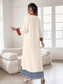 SHEIN Najma Women's Honeysuckle Floral & Geometric Retro Print V-Neck Long Sleeve Elegant Arabic Style Dress, Spring/Autumn Kaftan Jalabiya Dress - Multicolor - View 2