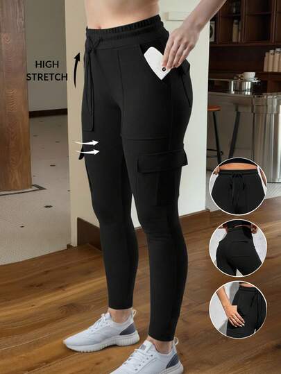 SHEIN EZwear Zwarte gebreide rekbare dameslegging, dames lente/herfst casual trekkoord, zak natuurlijke skinny cropped zwarte skinny damesbroek, casual dagelijkse kleding