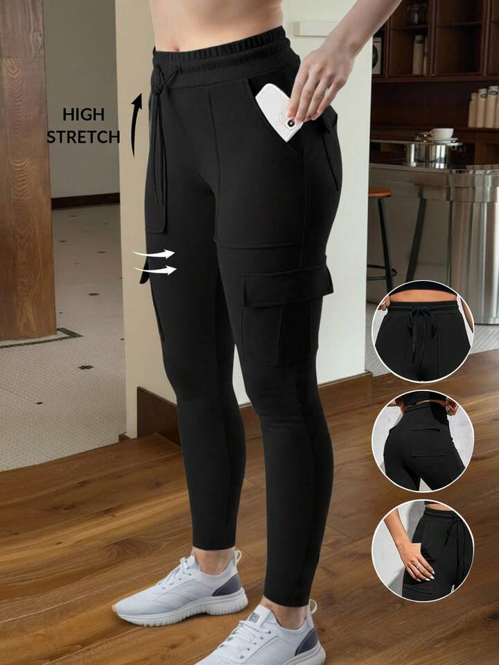 SHEIN EZwear Black Knitted Stretchy Women's Leggings,Ladies Spring