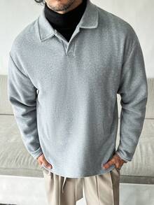 HUEFORM Men's Old Money Solid Color Drop Shoulder Long Sleeve Half-Zip Casual Pullover  Polo Neck Sweatshirt,Going Out Look For Men Winter - Grey - View 3