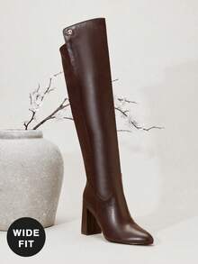 SHUZIA 优雅女士宽筒过膝粗跟靴，舒适秋冬假日鞋履 - 咖啡棕 - 查看 2