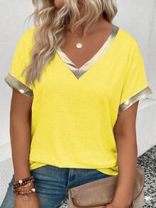 EMERY ROSE 女士休闲V领短袖拼接金色饰边涂层面料加大码T恤 - 黃色 - 查看 1
