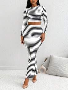 VaVaBold Của phụ nữ Vòng cổ Sọc Tay áo dài Áo thun Và Bộ váy - màu đen - Xem 3