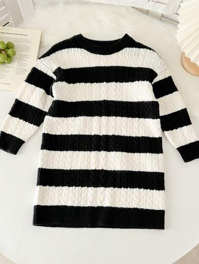 Genkimix Kids 女童休闲撞色条纹针织连衣裙，秋冬季