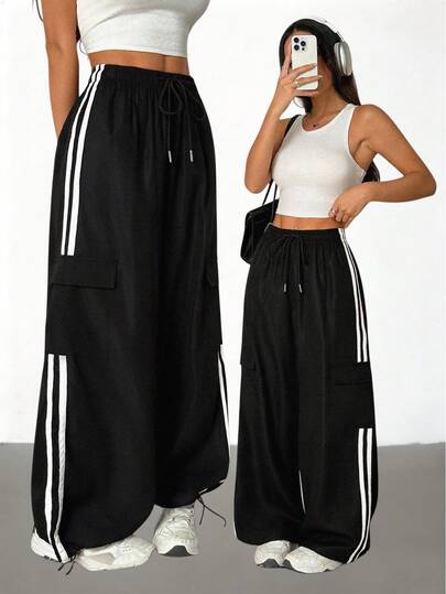 SHEIN PETITE Long Black Wide Leg Drawstring Pants For Women With White Side Stripes And Cargo Pockets Black And White Skirt 2 Pieces Casual Sets Woman Skirt Long Skirt Pants Loose PantsFashionable Women Black Polyester Palazzo Pants With Side Stripes And Adjustable Drawstring Waistband For A Wide Leg Fit And Drawstring Waist,Black Pant