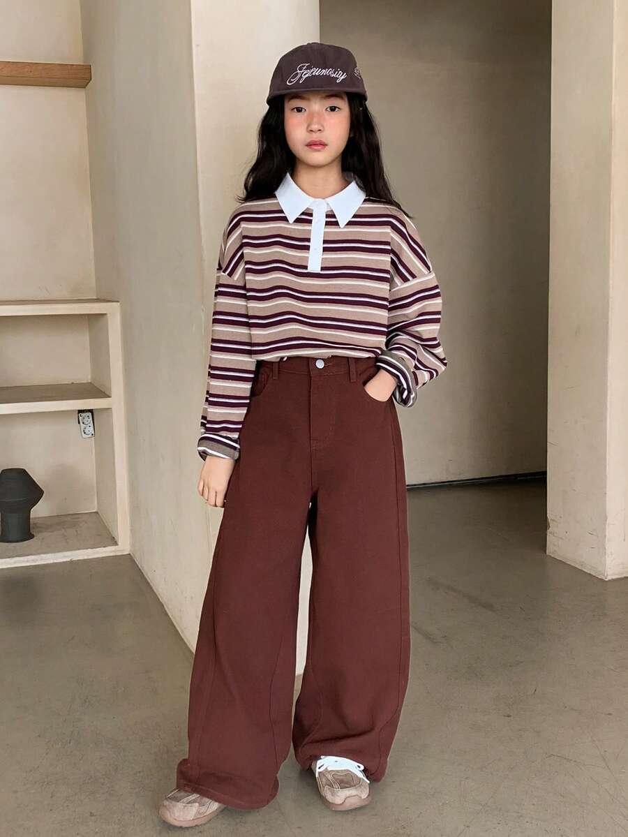 DAZY 少女款带口袋宽松休闲百搭阔腿牛仔裤 - 紫紅色 - 查看 1