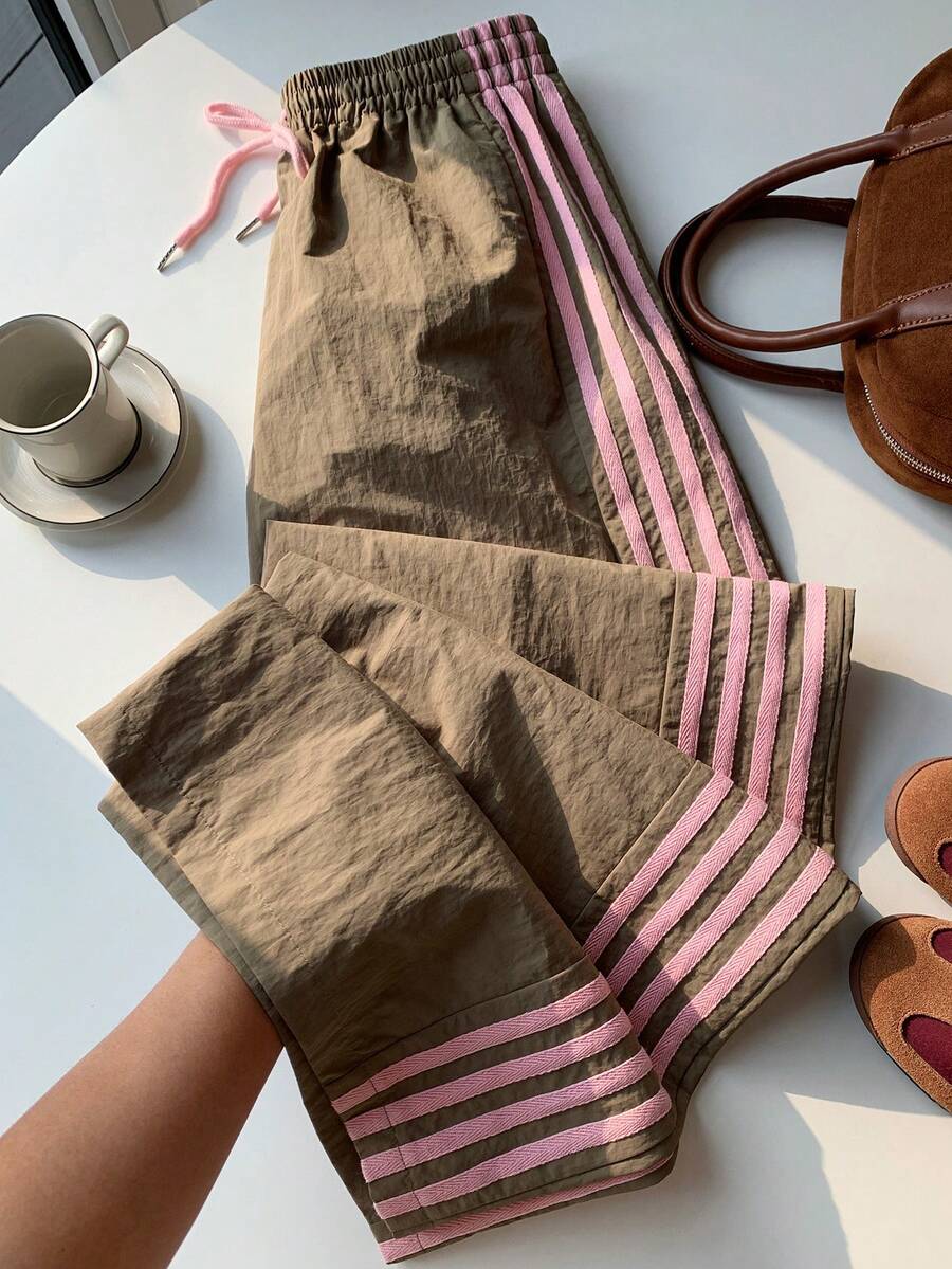 Comfortcana 女士棕色侧条纹松紧腰休闲宽松运动裤 - 彩色 - 查看 1