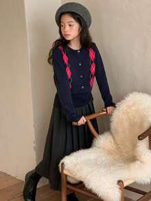 DAZY 少女日常通勤学院风菱格纹纽扣开衫，秋冬款 - 藏蓝色 - 查看 8