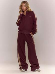 MUSERA Embroidered Striped Arm Half Zip Sweater Tracksuit Top Only Elegant Winter Work Cute Cosy - Burgundy - View 3