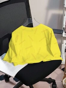 SpongeBob SquarePants | SHEIN Damen Gelbes T-Shirt mit Cartoon-Muster, Rundhalsausschnitt, Kurzarm, Crop-Schnitt