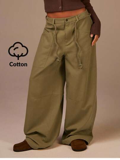 Athîral 女士休闲绿色阔腿牛仔裤，大口袋，编织抽绳腰带，宽松版型，复古风格，秋冬季