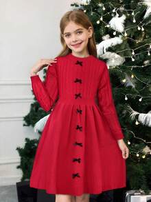 SHEIN 少女优雅圆领修身针织中长连衣裙，正面饰有撞色蝴蝶结，适合冬季穿着；纯红色长袖针织连衣裙 - 紅色 - 查看 12