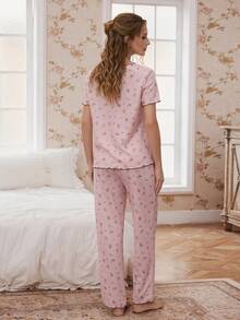 CottageSlumber Women's Pink Floral Print Short Sleeve Pajama Set,Elegant Summer Waffle Texture Round Neck Sleep Wear Set For Women - Baby Pink - View 3