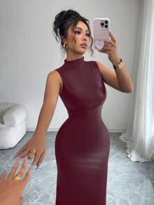 SHEIN Elenzya Đầm dài ôm sát gợi cảm cổ đứng không tay chất liệu da co giãn thắt lưng nơ bên hông mới cho nữ, phù hợp cho các buổi hẹn hò, tiệc tùng, đi chơi, trẻ trung và thanh lịch, mùa thu/đông - Màu Đỏ Sâu - Xem 4