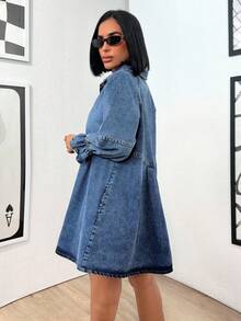 SHEIN PETITE Women's Fashion Pleated Loose Front Button Denim Dress With Raglan Sleeves - Medium Wash - View 2