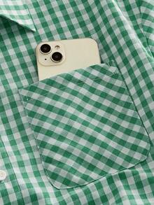 HIMLAND Men's Casual Plaid Slogan Print Short Sleeve Shirt, Summer Green Graphic Shirt Green And White Shirt Gingham Shirt Men S Boxy Shirt Plaid Shirt - Green - View 5