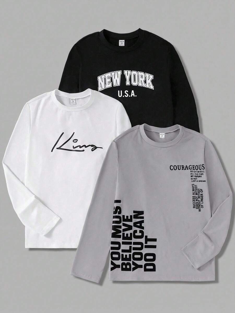 Vacaura 3 件套青少年男孩休闲字母印花圆领长袖 T 恤，适合秋冬季休闲、街头、通勤、分层穿着 - 彩色 - 查看 1