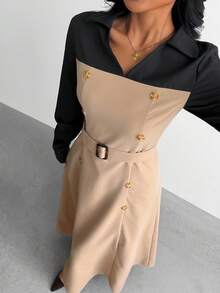 SHEIN Đầm ôm eo tay dài cổ bẻ màu tương phản họa tiết chắp vá thanh lịch cho bé gái tuổi teen - Nhiều màu - Xem 6