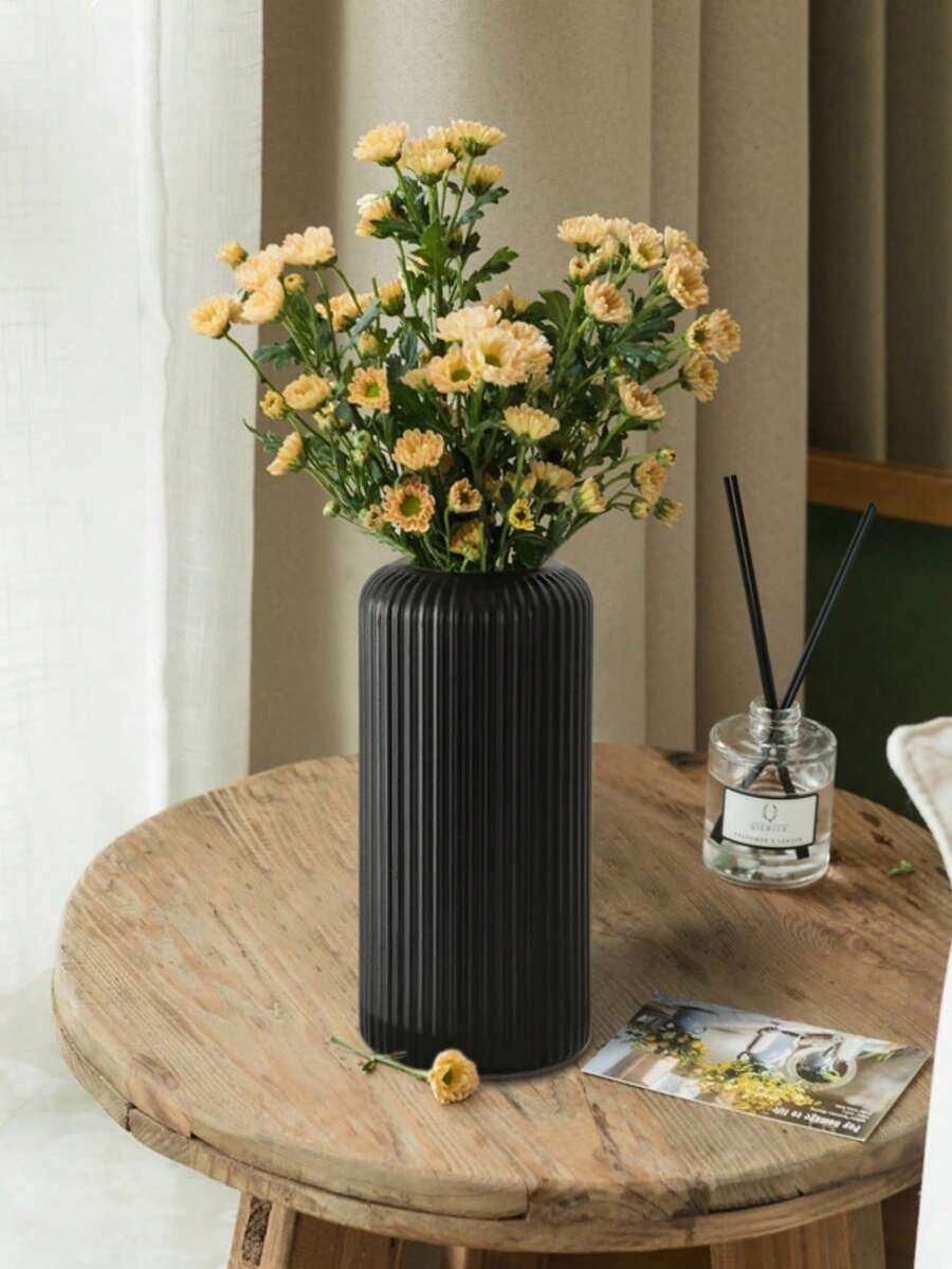 1个陶瓷外观塑料复合花瓶，不易碎，高7.8英寸，简约桌面花瓶，可插干花，适用于蒲苇草装饰和人造花，波西米亚风格，适合婚礼宴会餐桌装饰、家居装饰、花瓶、中心摆件、餐桌装饰、秋季装饰 - 黑色 - 查看 1