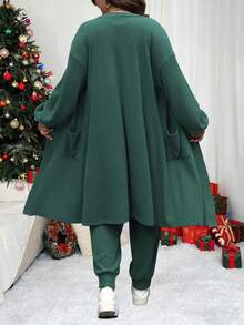 Vionelle 大码女式纯色落肩长袖夹克和腰带无袖连体裤休闲两件套，秋季 - 墨綠色 - 查看 2