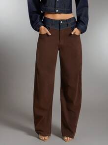 Denimoi 双色拼色高腰直筒牛仔裤 秋冬西部时尚女牛仔装 - 彩色 - 查看 3