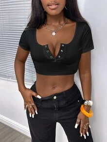 SHEIN EZwear Ladies' Summer Slim-Fit Casual Solid Front Button Cropped T-Shirt - Black - View 1