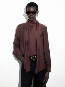 Lumivelle Women's Autumn Loose Fit Tie Collar Blouse - Maroon - View 5