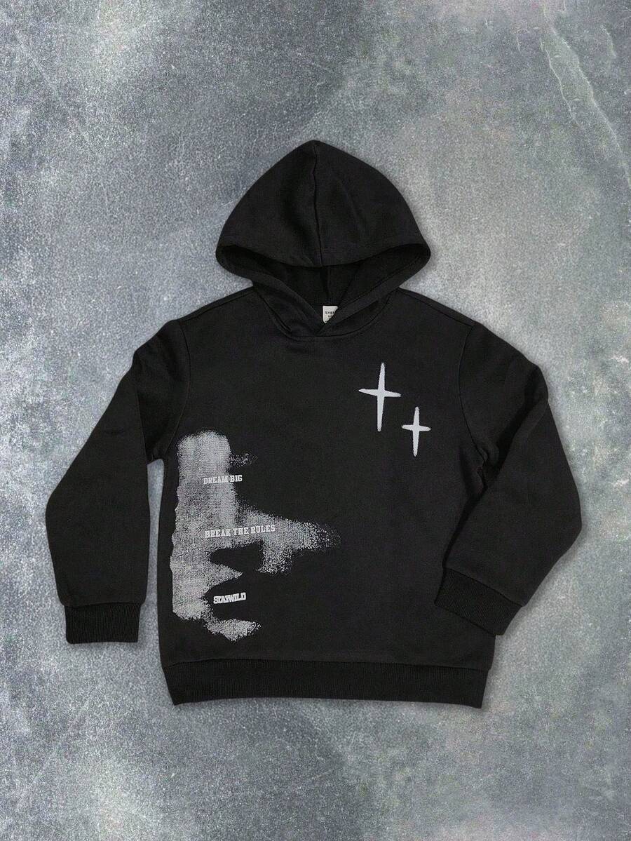 SHEIN Tween Boys' Hoodie Sweatshirt, Fashionable Street Graphic Print Loose And Comfortable Casual Top,Unisex - Black - View 1