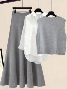 Franclia 秋冬新款宽松百搭3D立体花卉圆领无袖针织背心搭配A字针织中长裙女装两件套