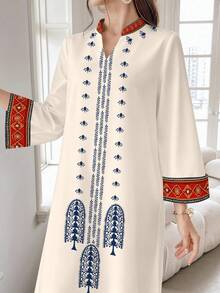 SHEIN Najma Women's Honeysuckle Floral & Geometric Retro Print V-Neck Long Sleeve Elegant Arabic Style Dress, Spring/Autumn Kaftan Jalabiya Dress - Multicolor - View 1