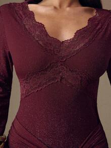 SHEIN BAE Váy xòe buộc dây màu trơn ren chắp vá thanh lịch dành cho nữ - Màu Đỏ Sâu - Xem 6